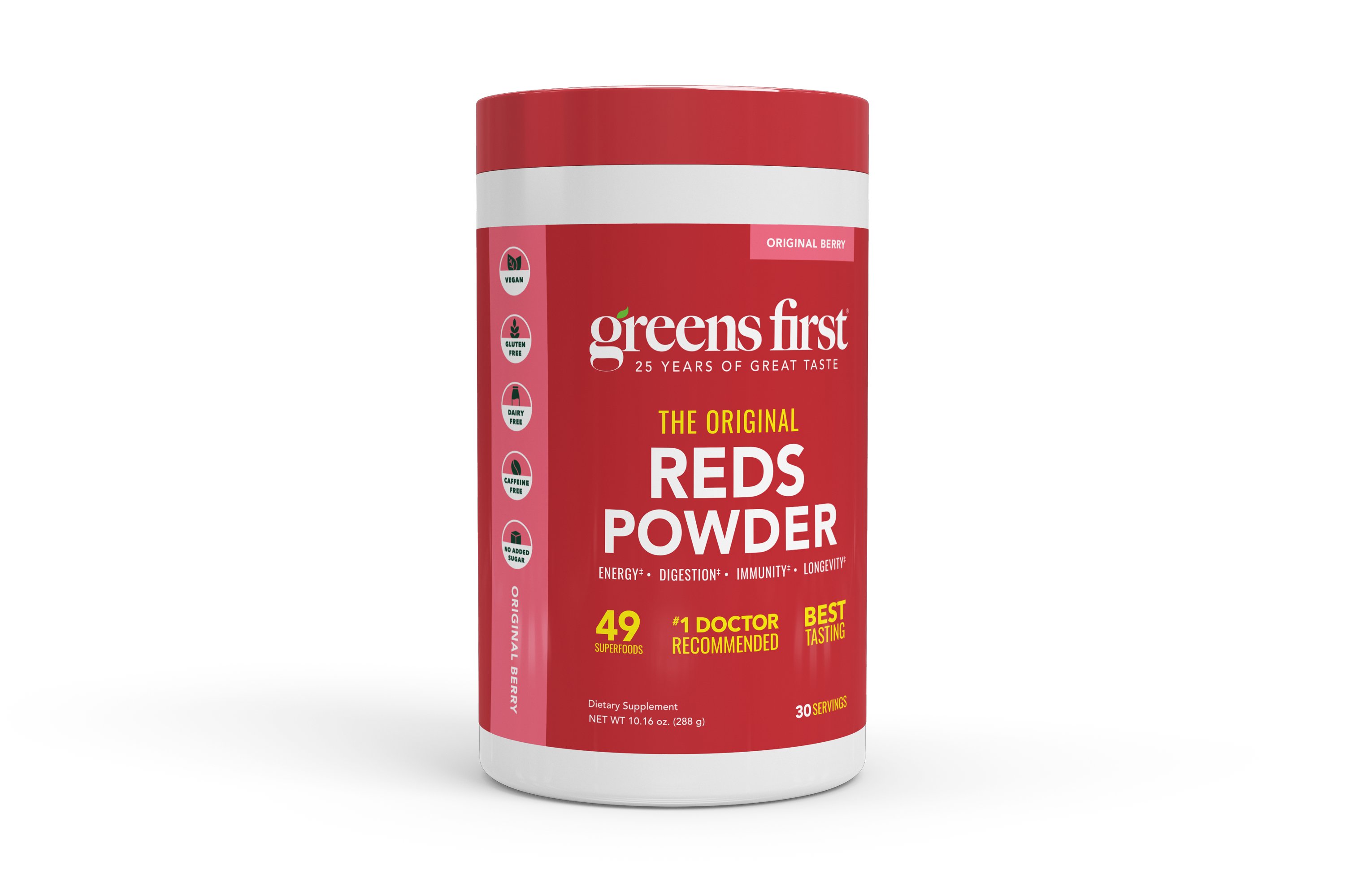 Red and white container of Greens First Reds Powder on a white background