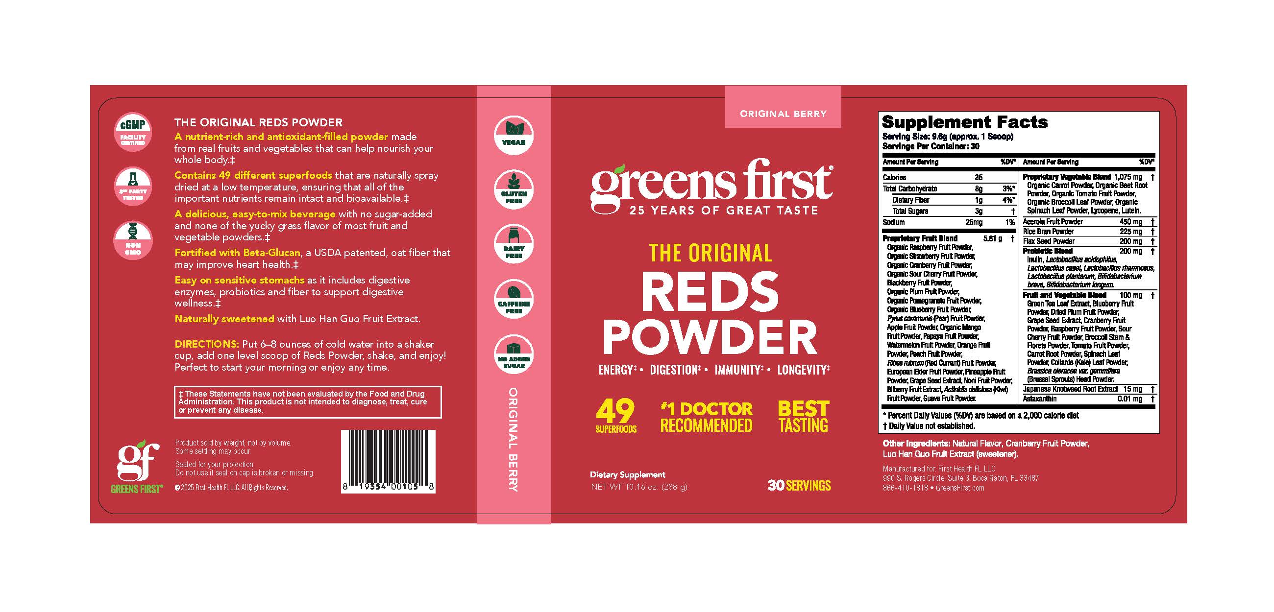 Label of Greens First Reds Powder on a white background