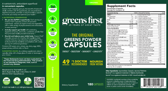 Supplement package for 'Greens First' powder capsules with green and white design.