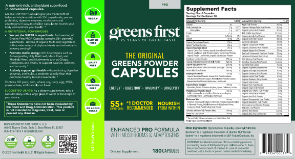 Supplement package for 'Greens First' greens powder capsules with text and graphics on a green background.