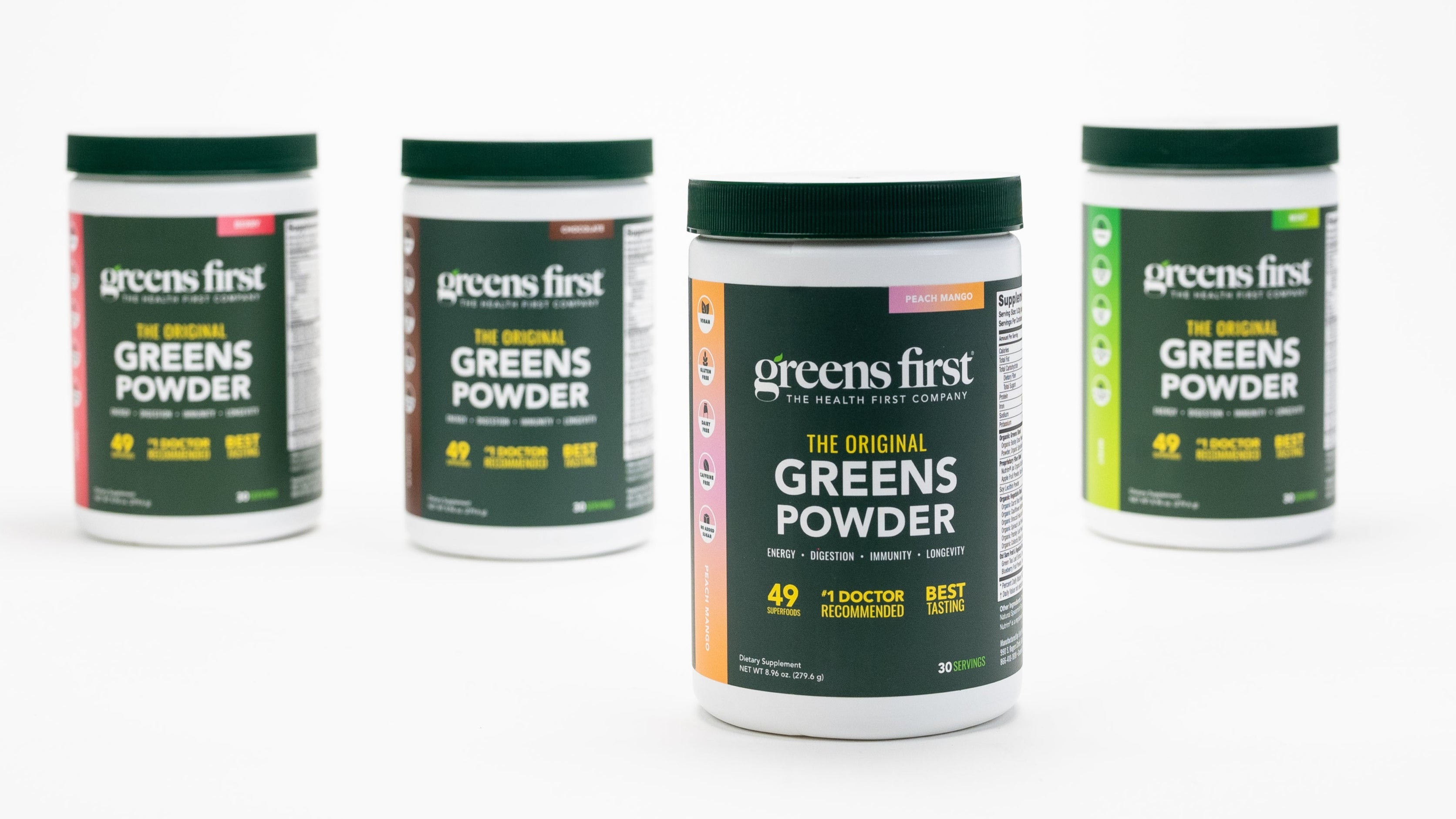 Greens First Powder Berry Chocolate Peach Mango Mint 30 Servings Group