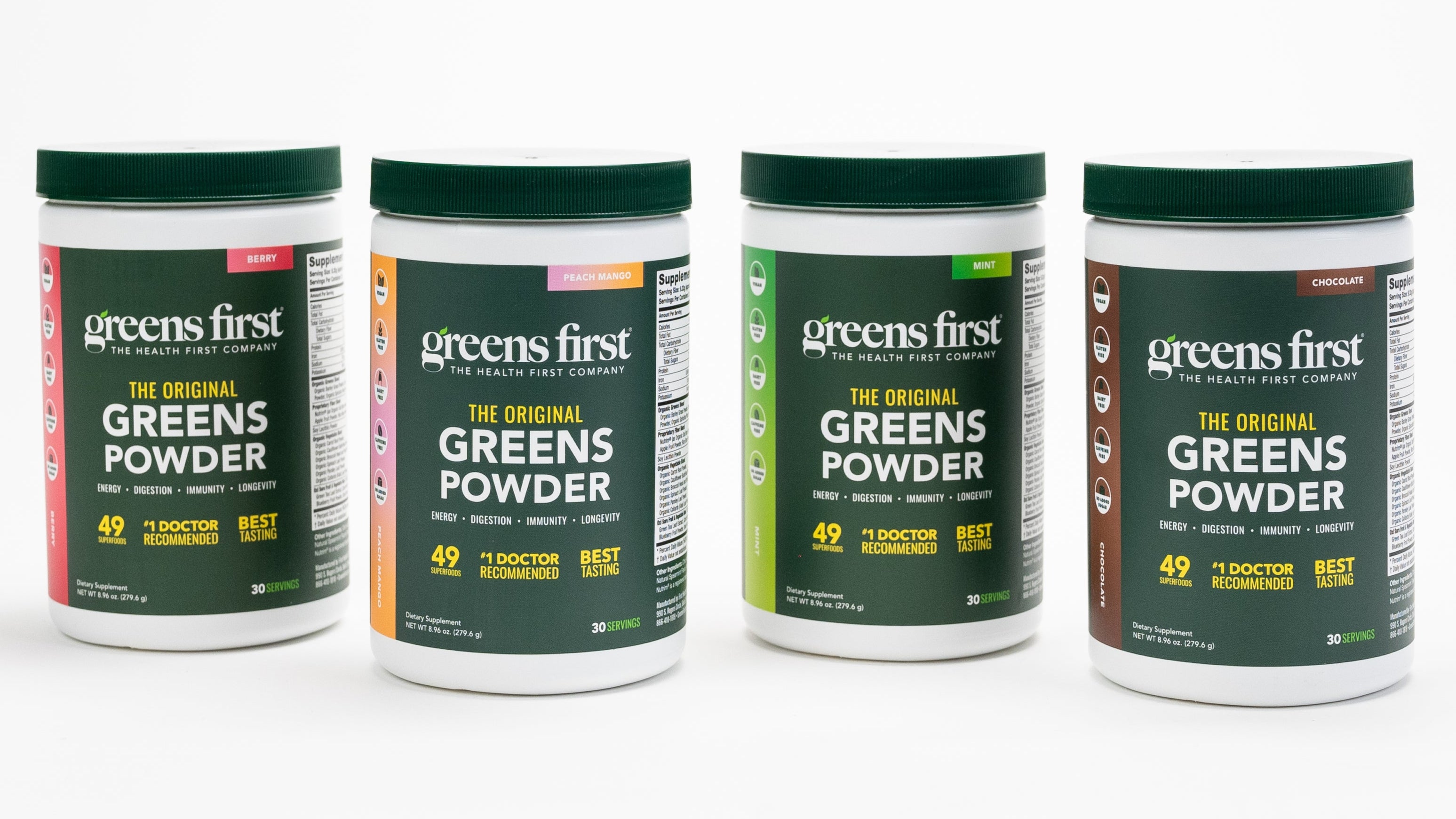 Greens First Powder Berry Peach Mango Mint Chocolate 30 Servings Group