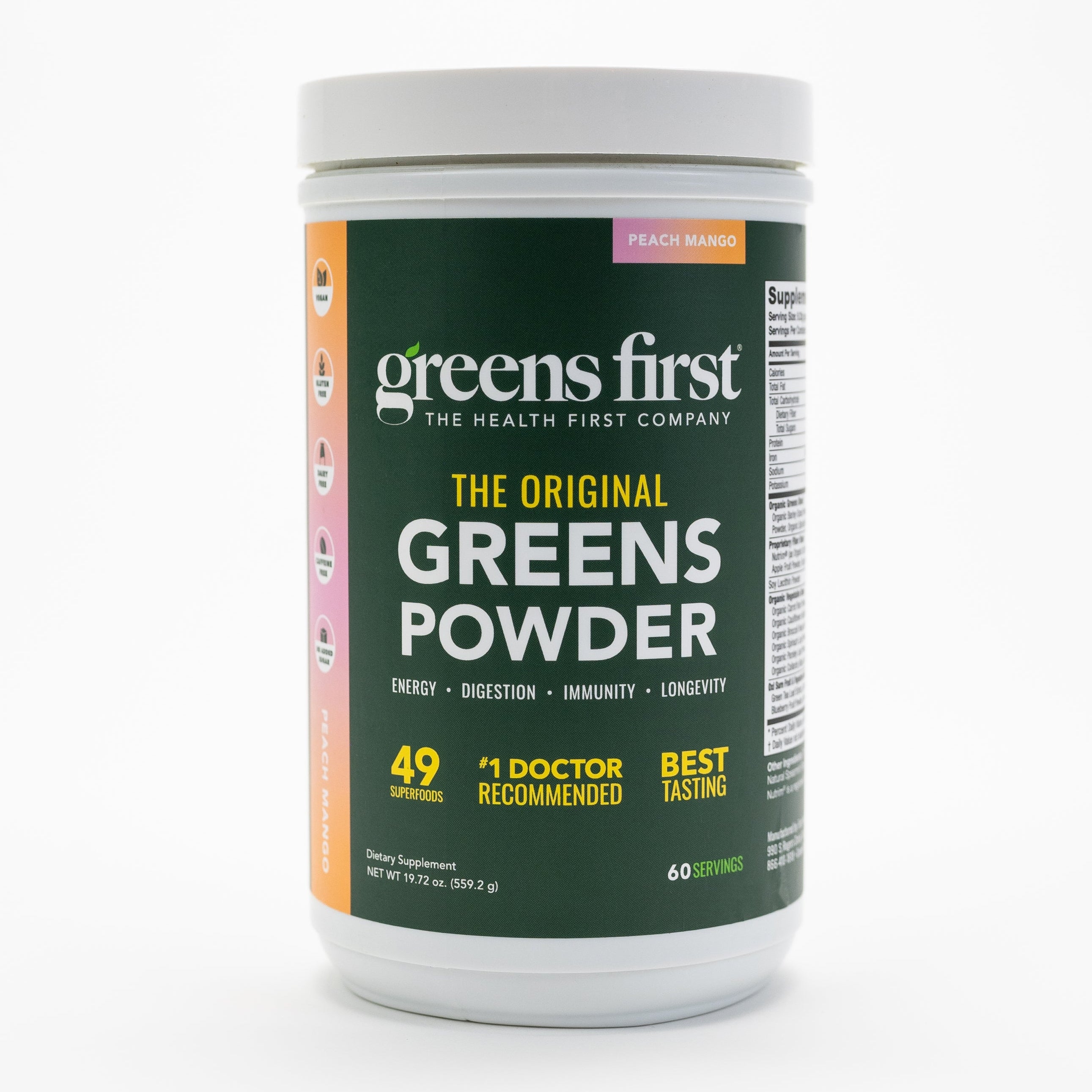 Greens First Powder Peach Mango 60 Servings Front