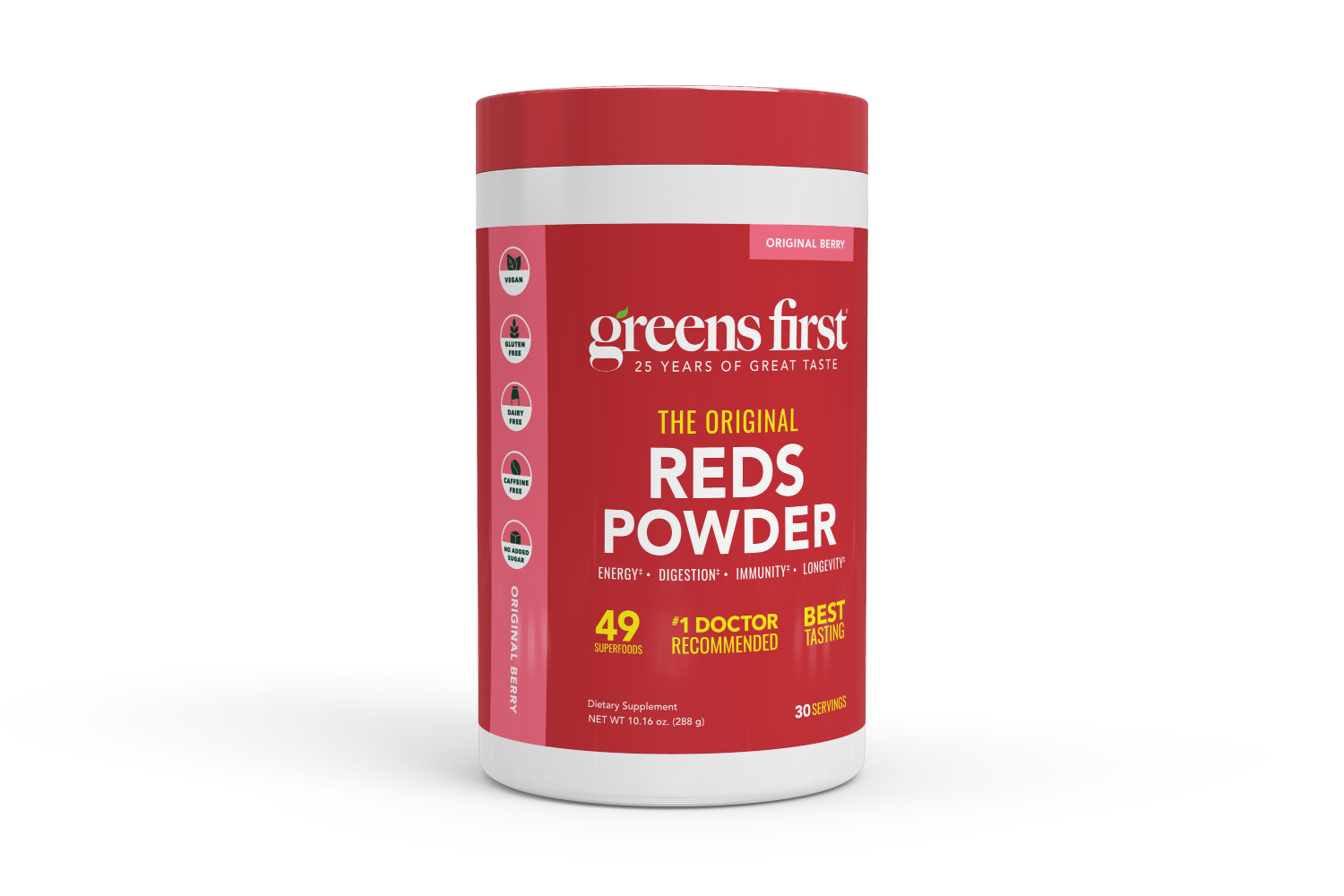 Red and white container of Greens First Reds Powder on a white background